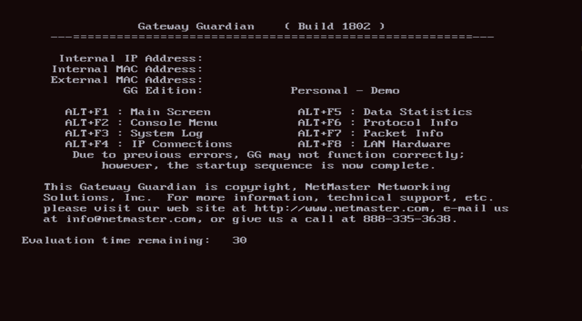 Gateway Guardian main menu showing evaluation license
