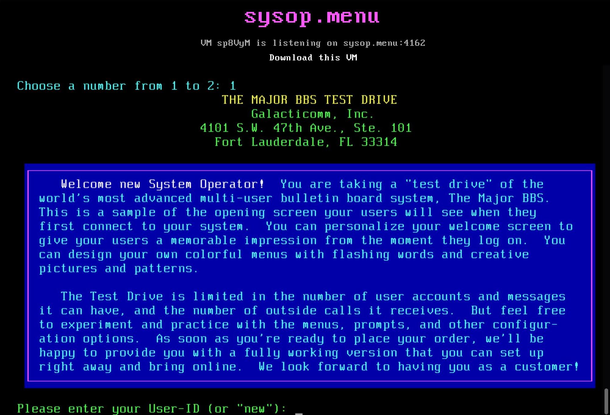 MajorBBS running on sysop.menu